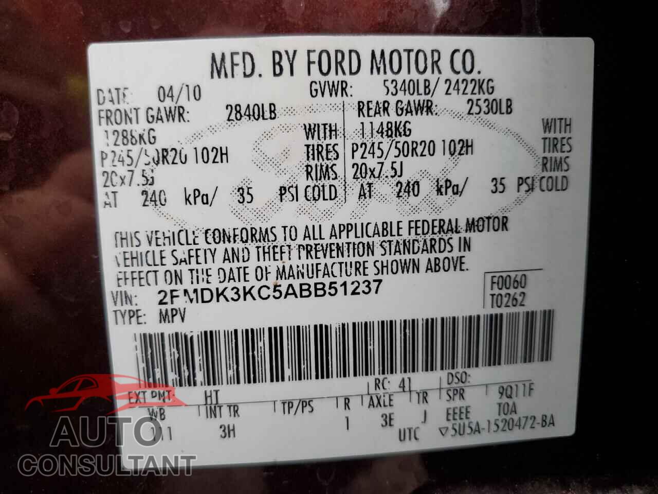 FORD EDGE 2010 - 2FMDK3KC5ABB51237