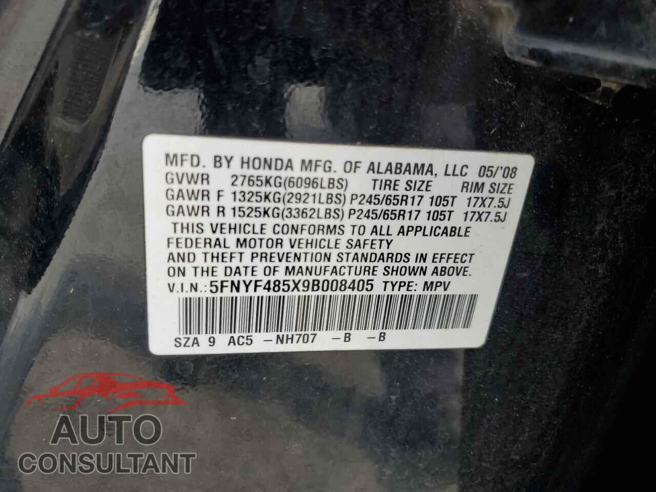 HONDA PILOT 2009 - 5FNYF485X9B008405