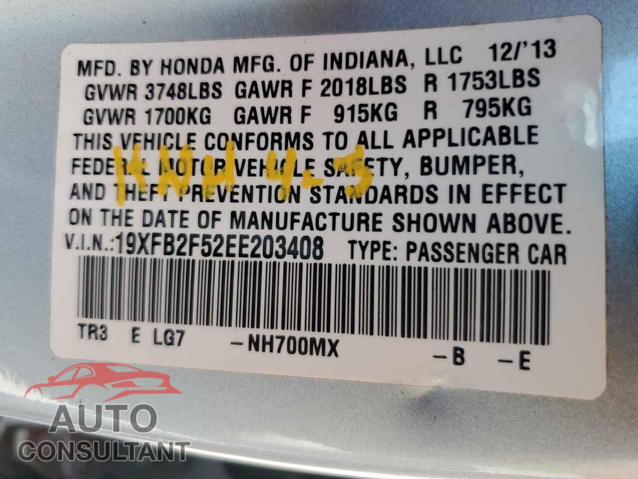 HONDA CIVIC 2014 - 19XFB2F52EE203408