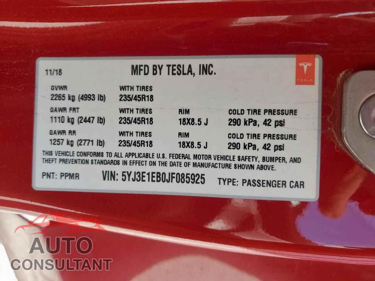 TESLA MODEL 3 2018 - 5YJ3E1EB0JF085925