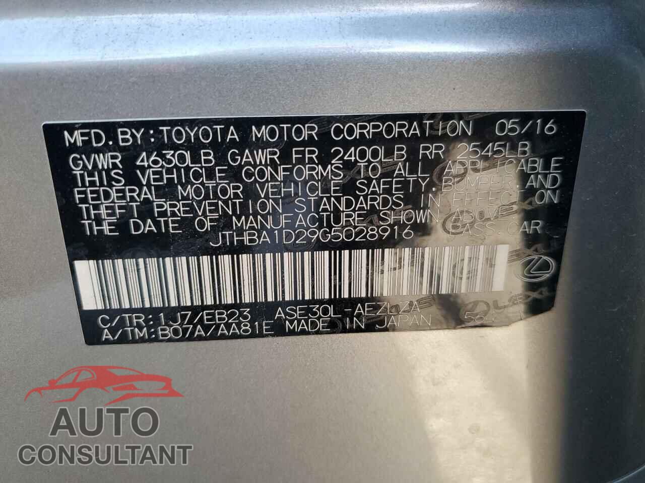 LEXUS IS 2016 - JTHBA1D29G5028916