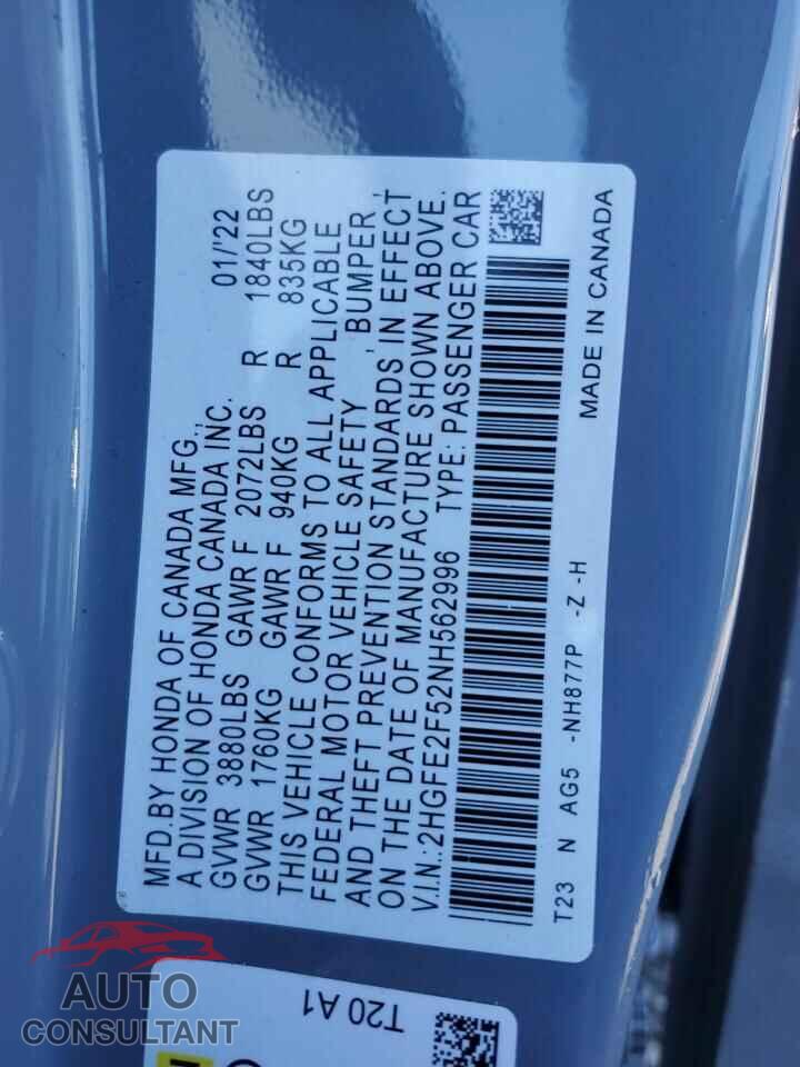 HONDA CIVIC 2022 - 2HGFE2F52NH562996