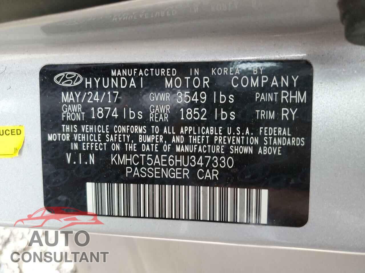 HYUNDAI ACCENT 2017 - KMHCT5AE6HU347330