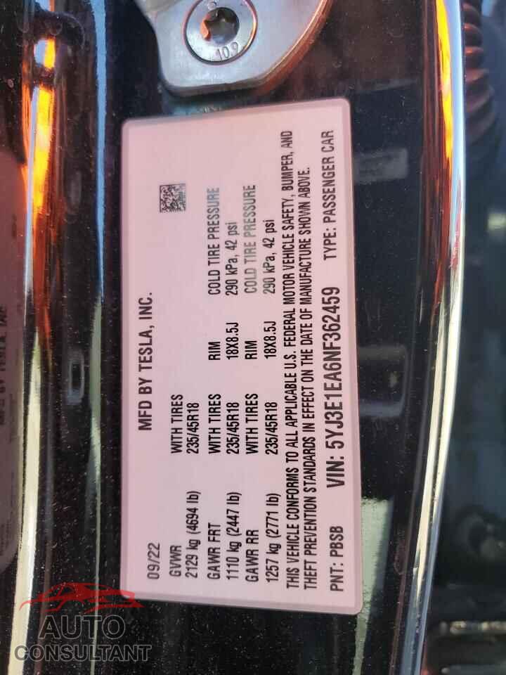 TESLA MODEL 3 2022 - 5YJ3E1EA6NF362459