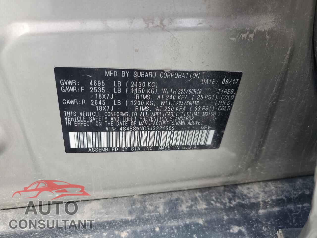 SUBARU OUTBACK 2018 - 4S4BSANC6J3224669
