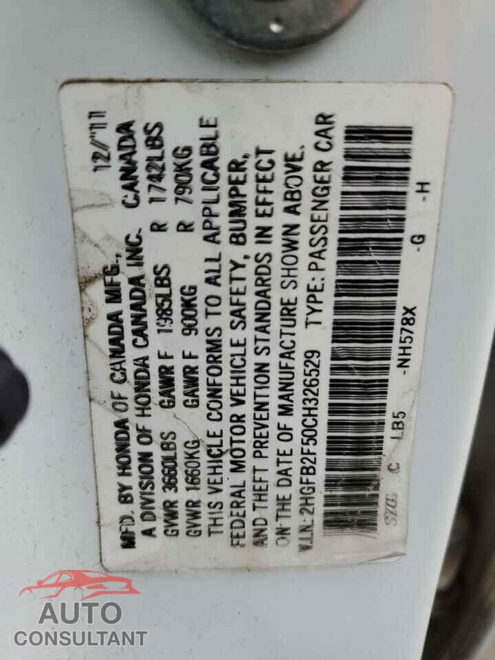 HONDA CIVIC 2012 - 2HGFB2F50CH326529