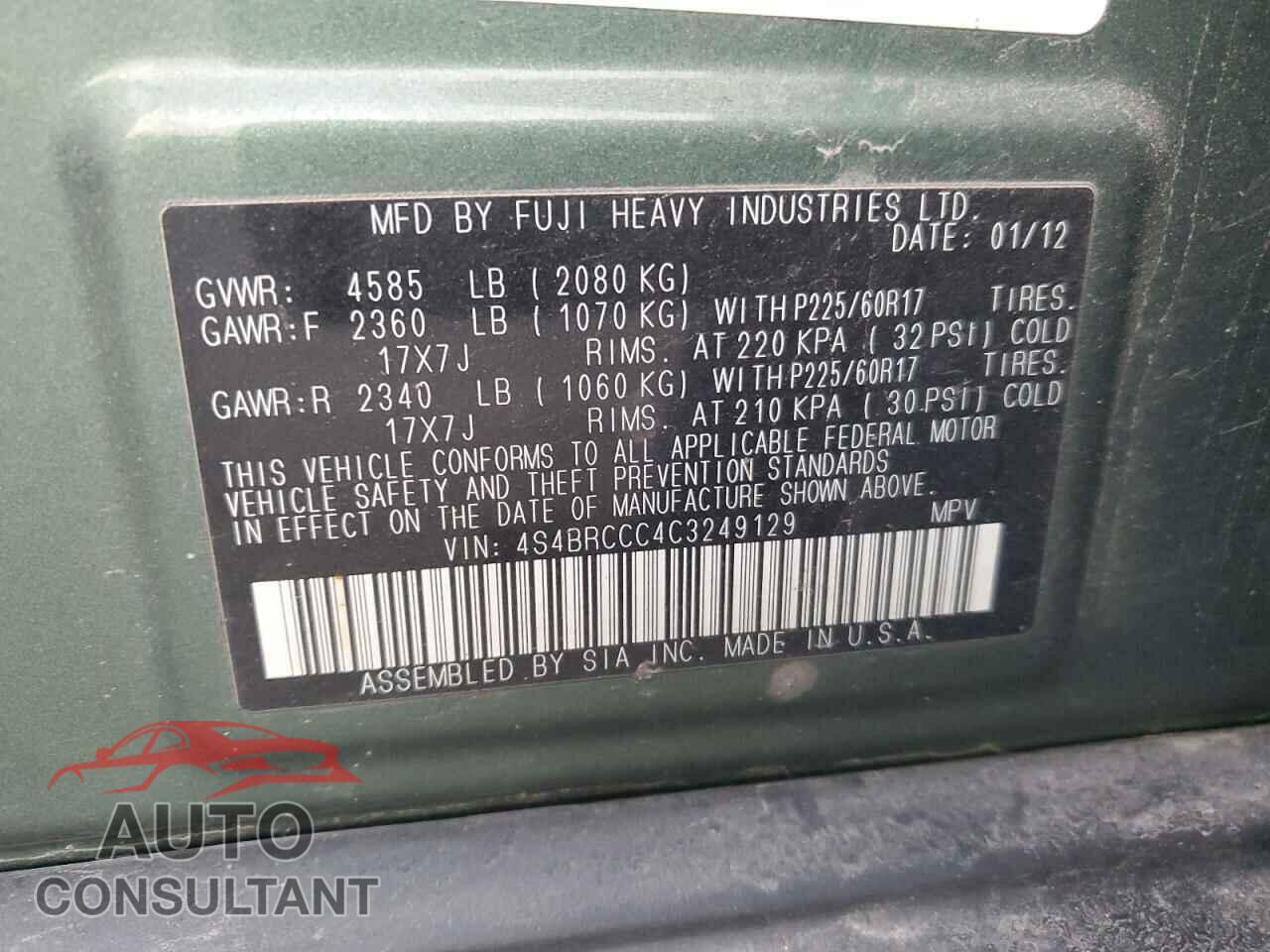 SUBARU OUTBACK 2012 - 4S4BRCCC4C3249129