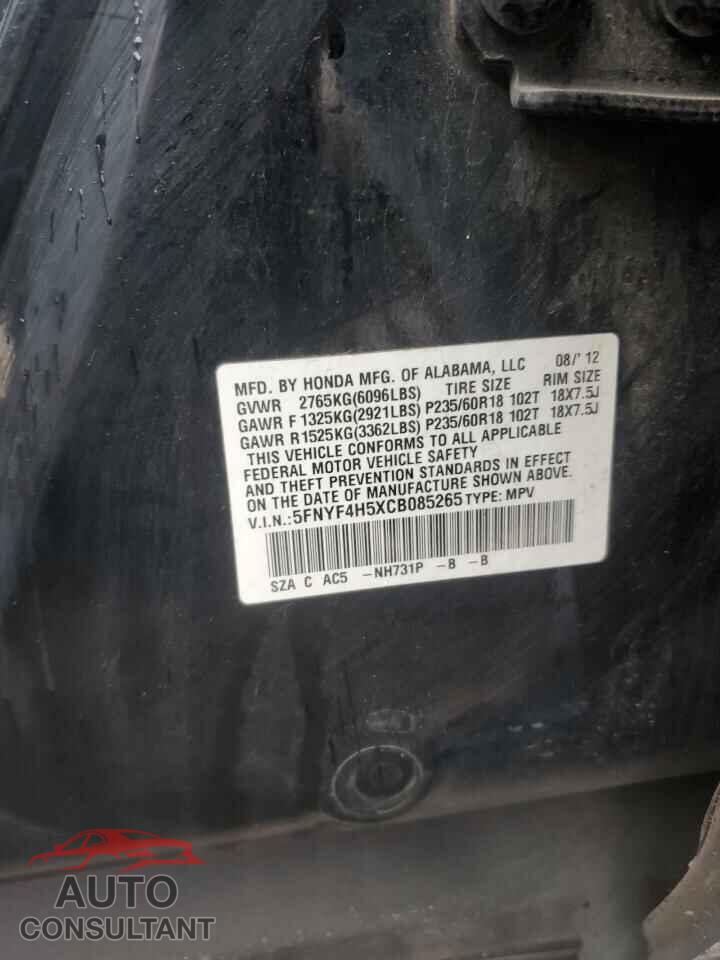 HONDA PILOT 2012 - 5FNYF4H5XCB085265