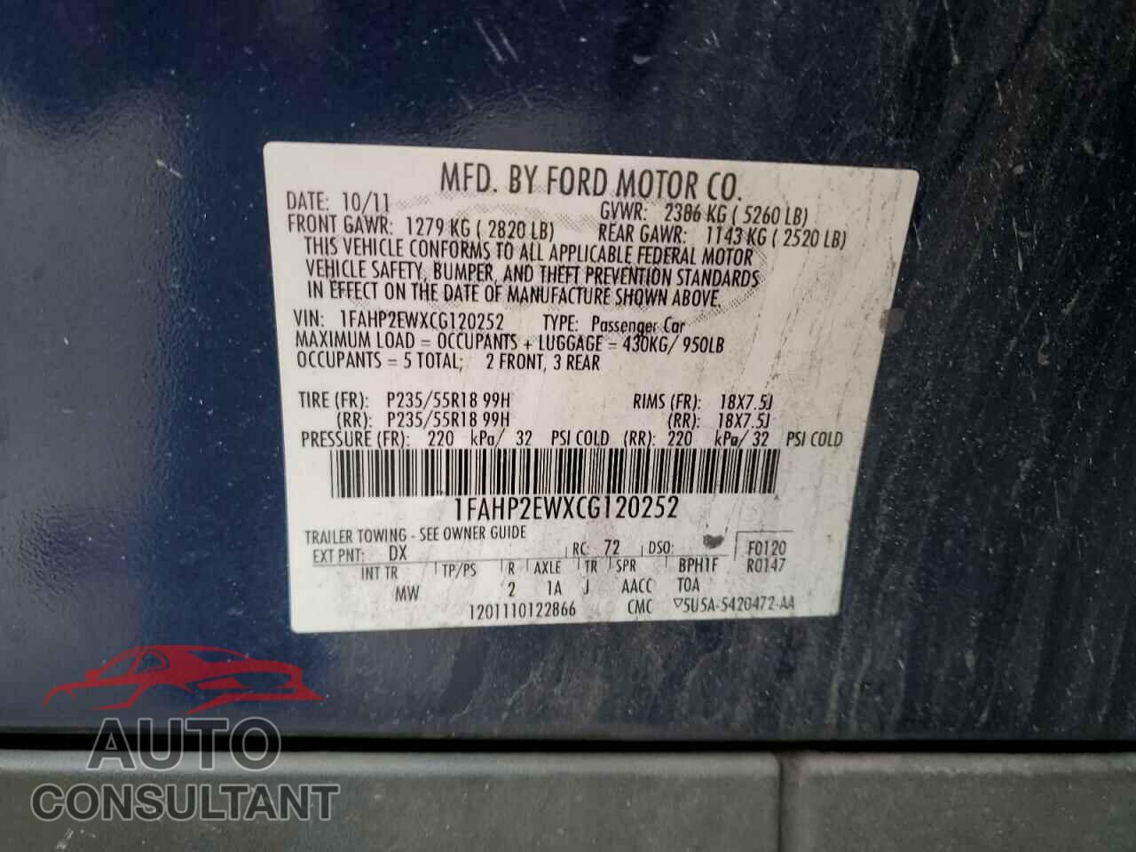 FORD TAURUS 2012 - 1FAHP2EWXCG120252