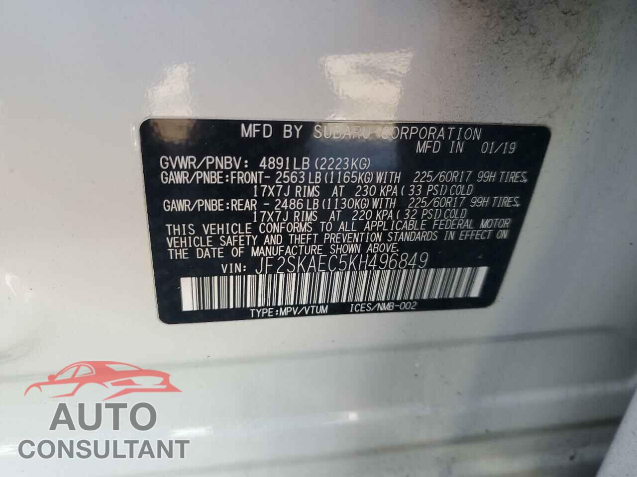 SUBARU FORESTER 2019 - JF2SKAEC5KH496849