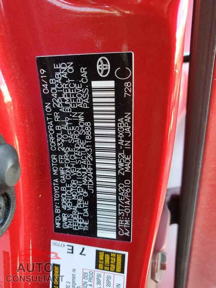TOYOTA PRIUS 2019 - JTDKARFP2K3118888