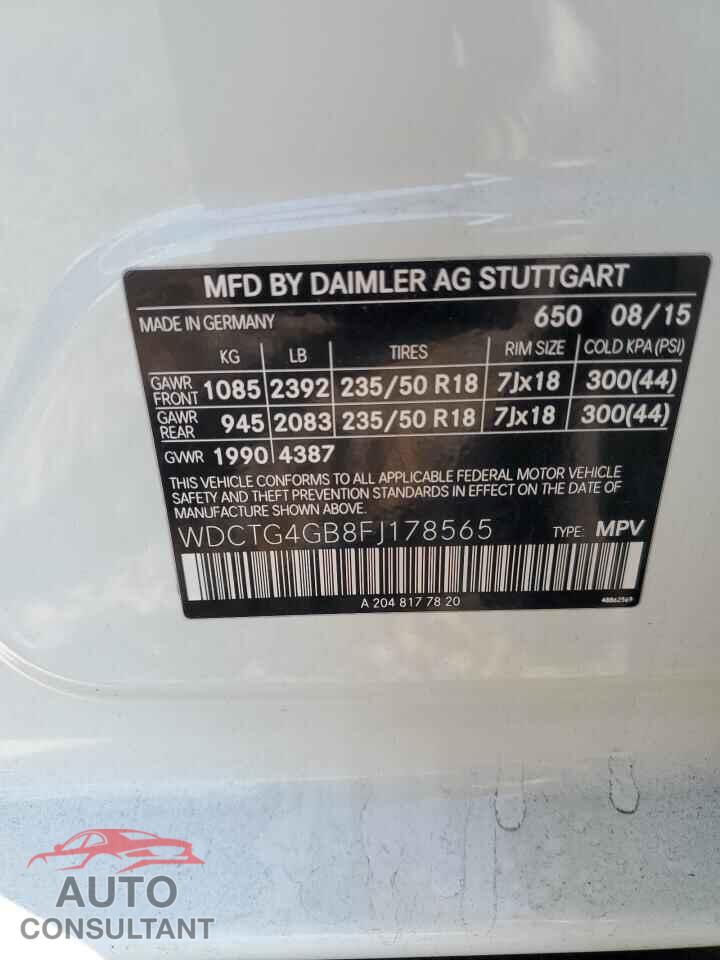 MERCEDES-BENZ GLA-CLASS 2015 - WDCTG4GB8FJ178565