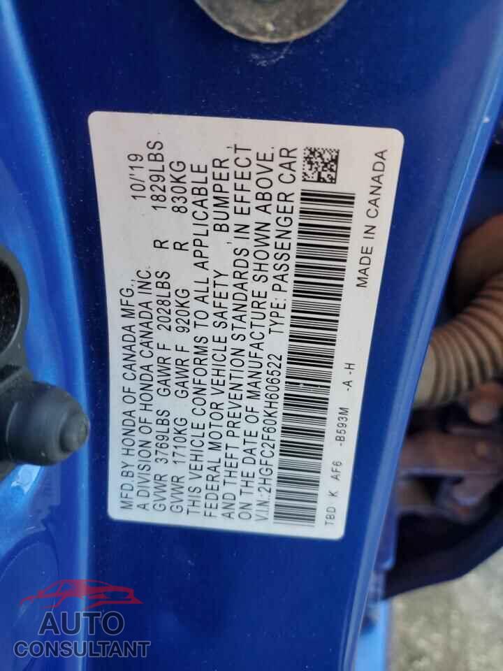 HONDA CIVIC 2019 - 2HGFC2F60KH606522