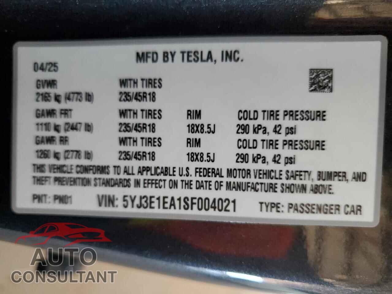 TESLA MODEL 3 2025 - 5YJ3E1EA1SF004021