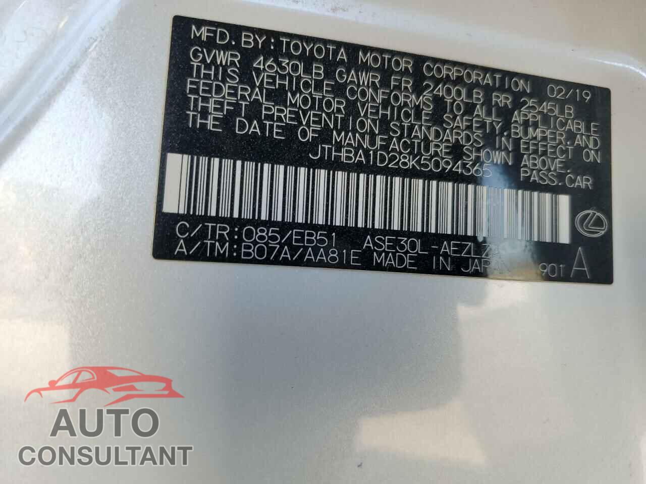 LEXUS IS 2019 - JTHBA1D28K5094365