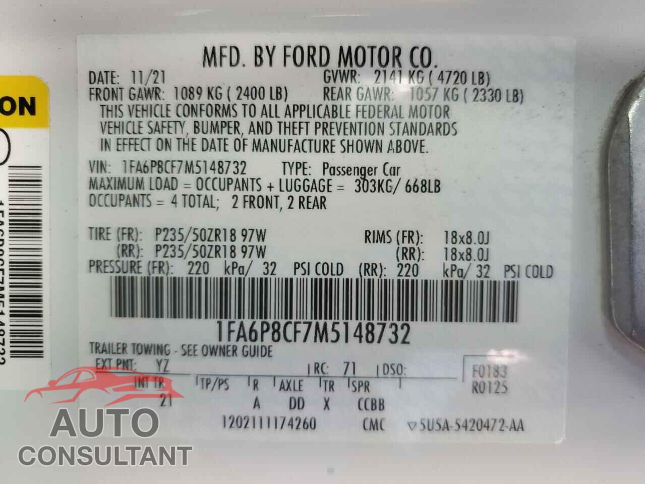 FORD MUSTANG 2021 - 1FA6P8CF7M5148732
