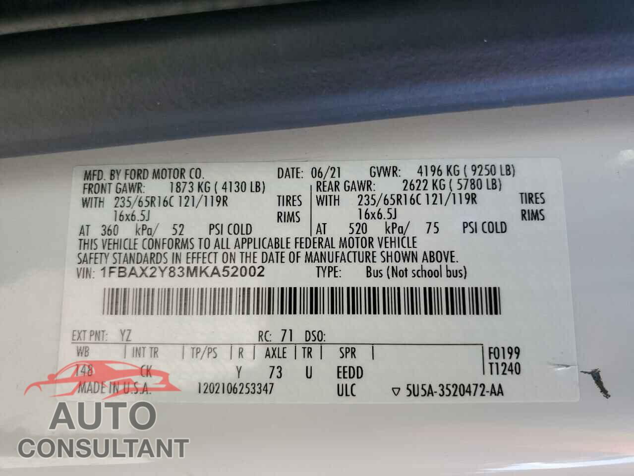 FORD TRANSIT 2021 - 1FBAX2Y83MKA52002