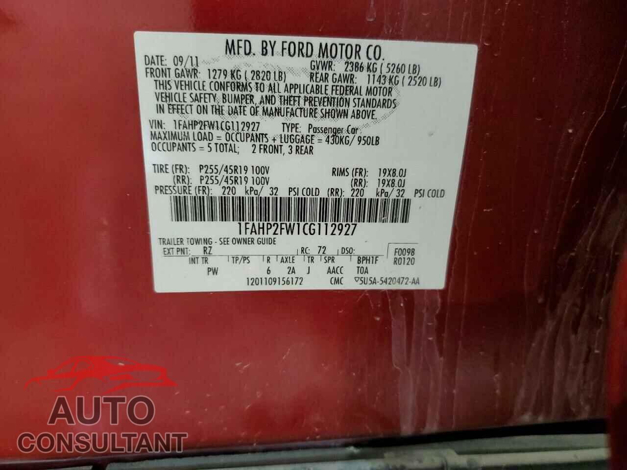 FORD TAURUS 2012 - 1FAHP2FW1CG112927