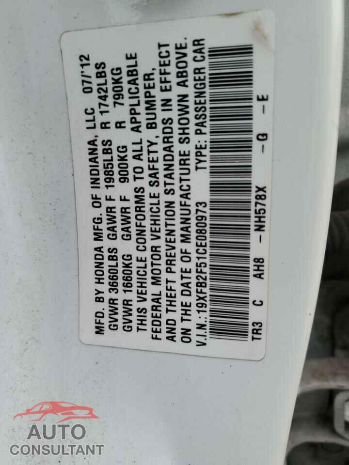 HONDA CIVIC 2012 - 19XFB2F51CE080973