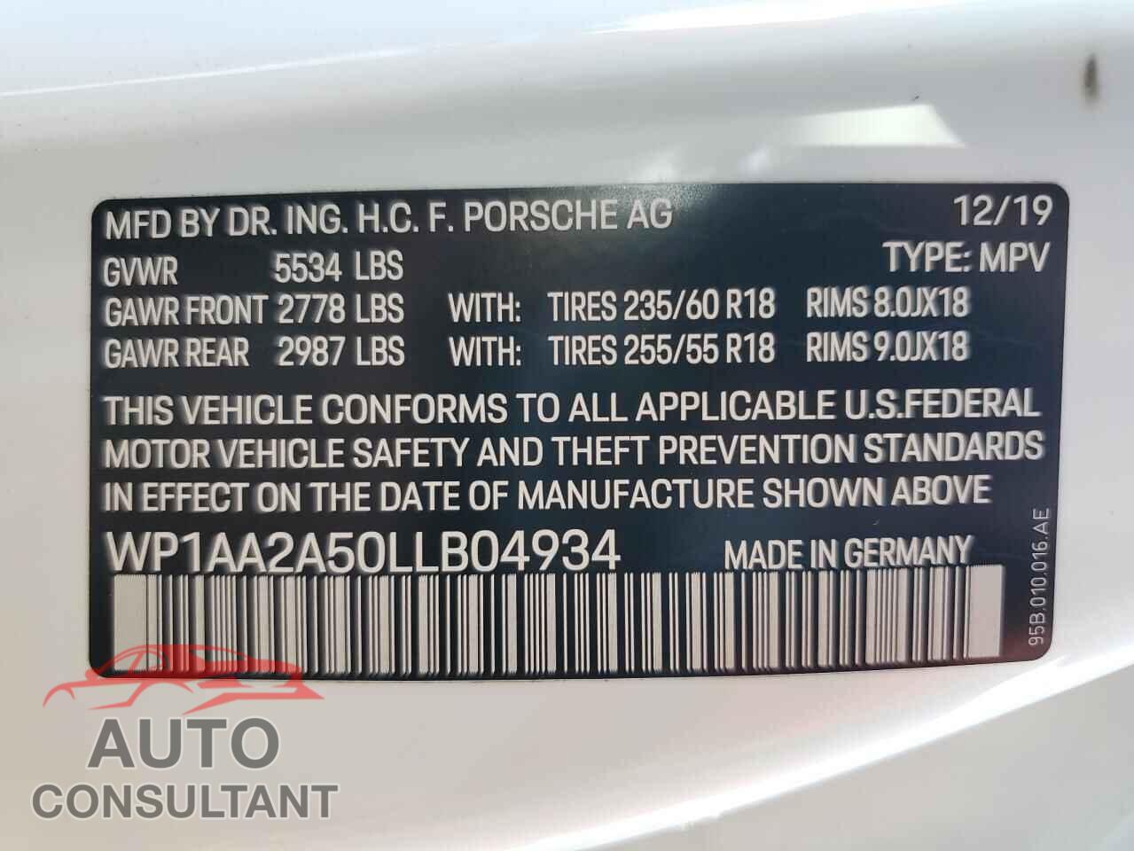 PORSCHE MACAN 2020 - WP1AA2A50LLB04934