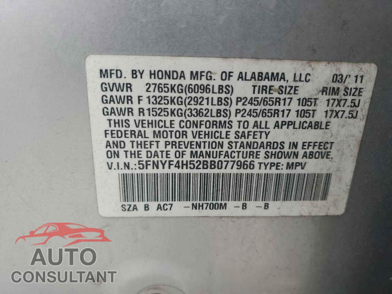 HONDA PILOT 2011 - 5FNYF4H52BB077966