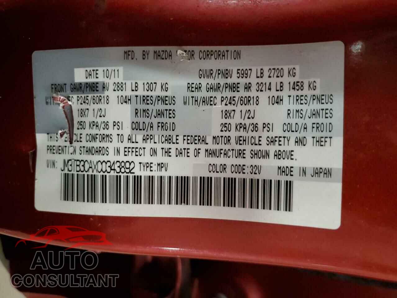MAZDA CX-9 2012 - JM3TB3CAXC0343892