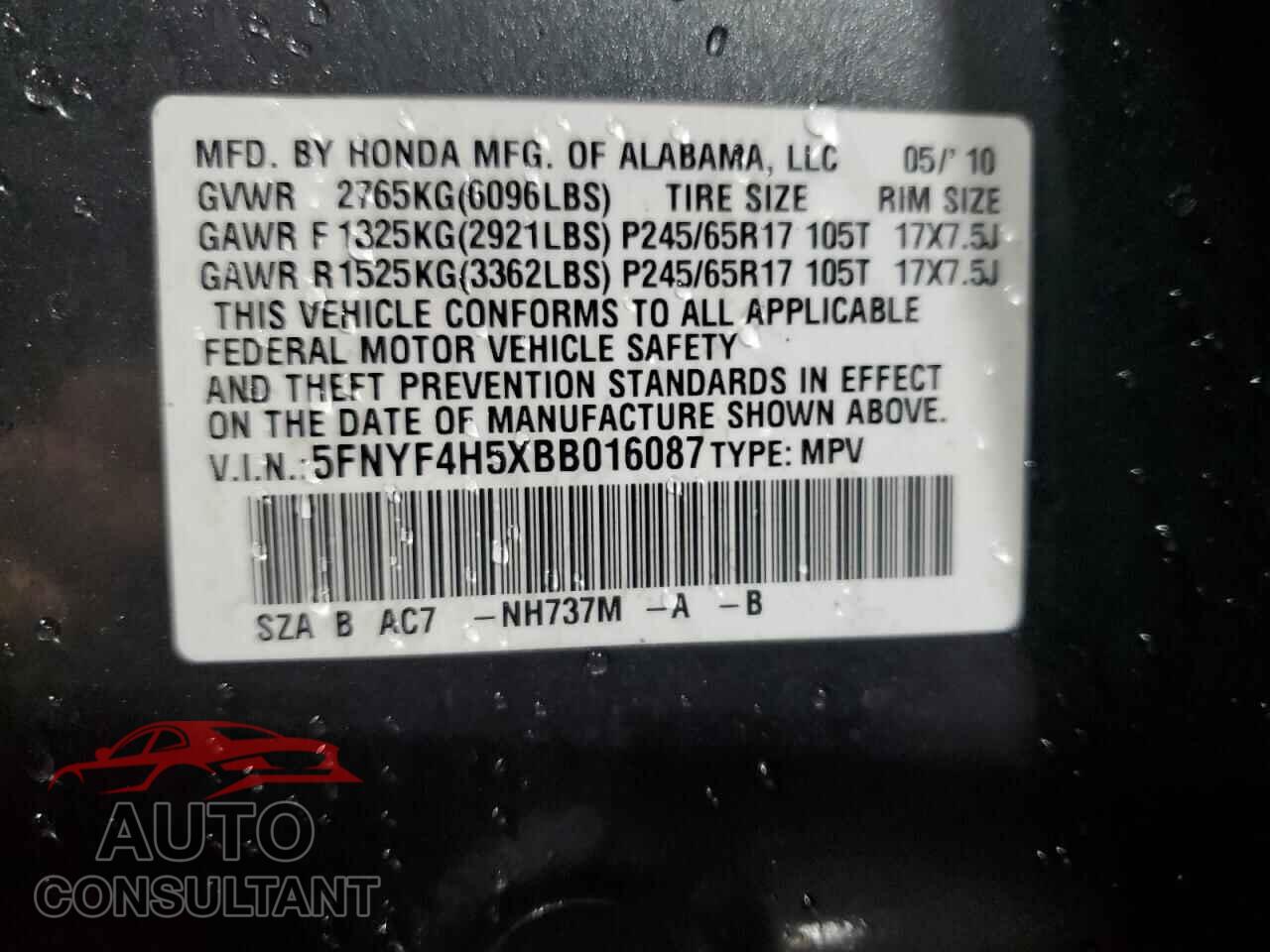 HONDA PILOT 2011 - 5FNYF4H5XBB016087