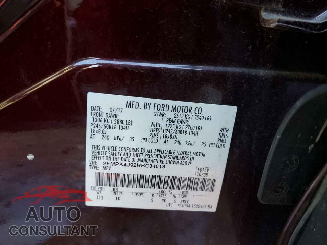 FORD EDGE 2017 - 2FMPK4J92HBC34613