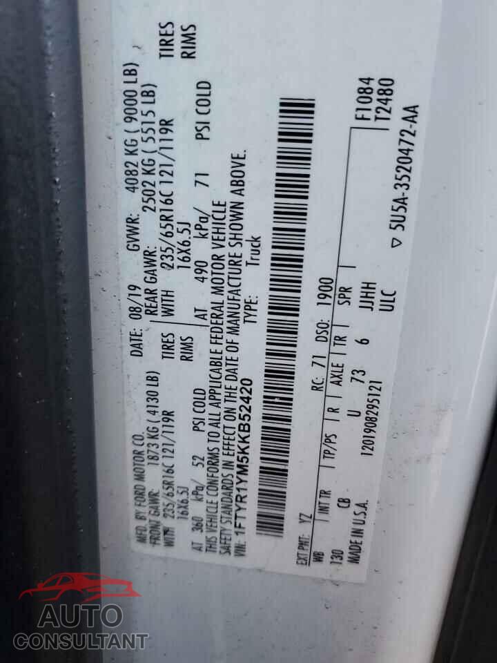 FORD TRANSIT 2019 - 1FTYR1YM5KKB52420