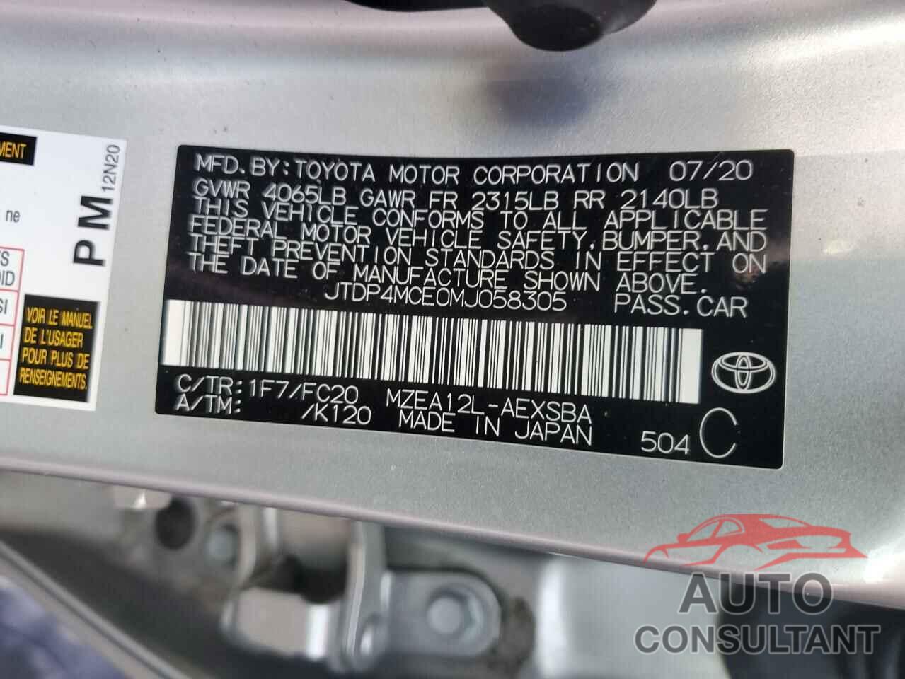 TOYOTA COROLLA 2021 - JTDP4MCE0MJ058305