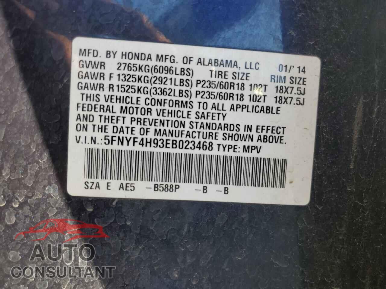HONDA PILOT 2014 - 5FNYF4H93EB023468