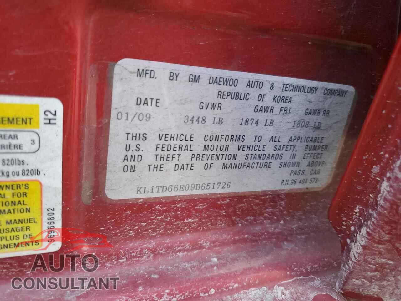 CHEVROLET AVEO 2009 - KL1TD66E09B651726