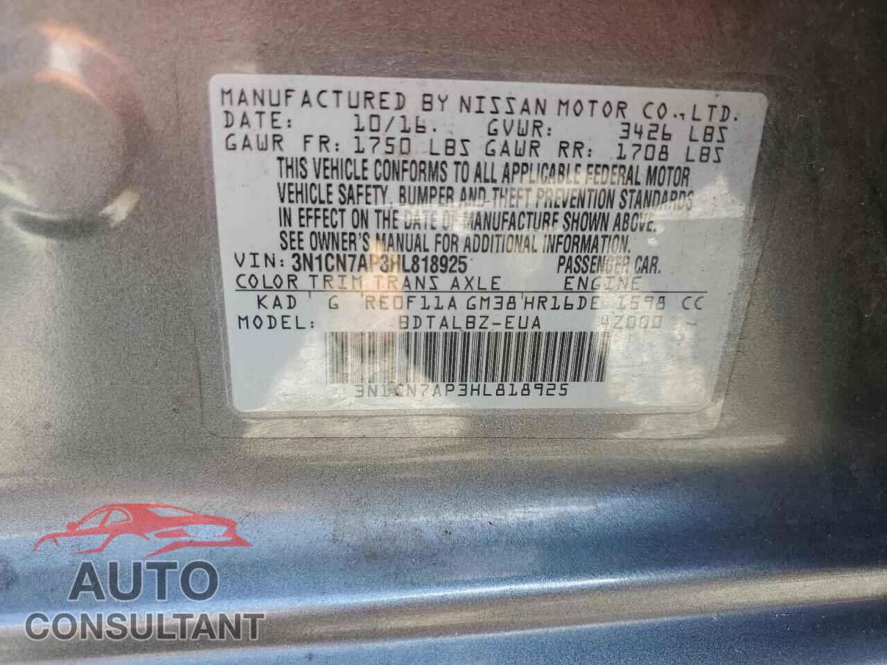 NISSAN VERSA 2017 - 3N1CN7AP3HL818925