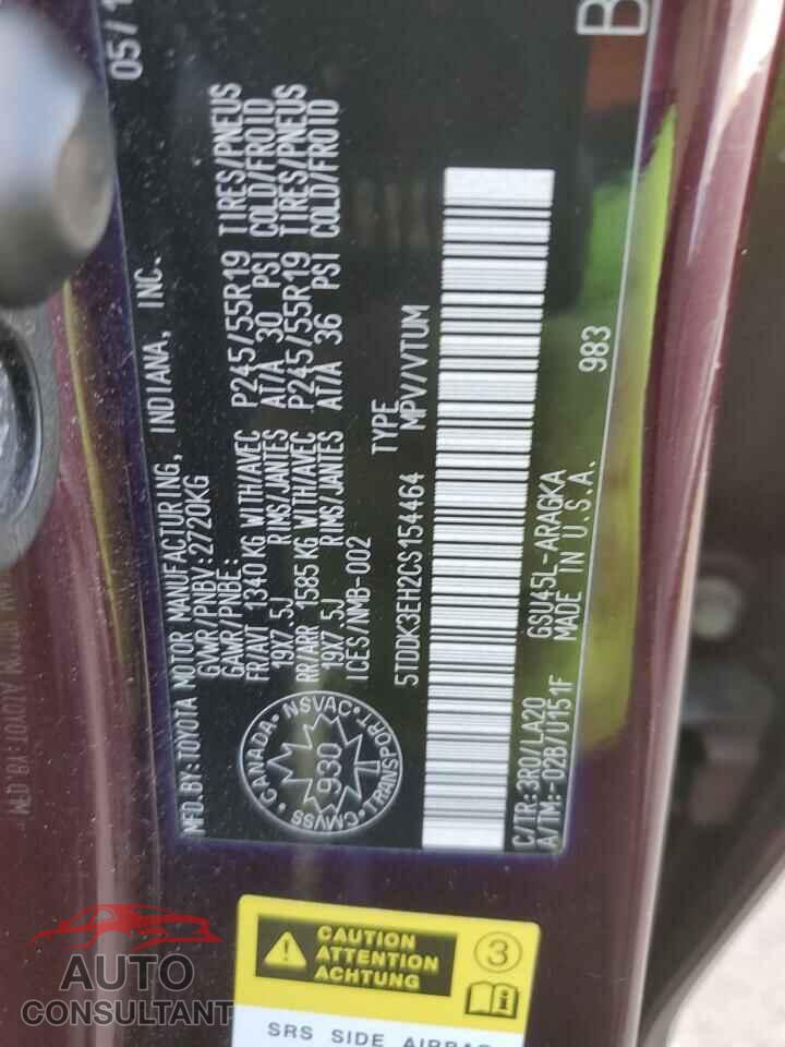 TOYOTA HIGHLANDER 2012 - 5TDDK3EH2CS154464