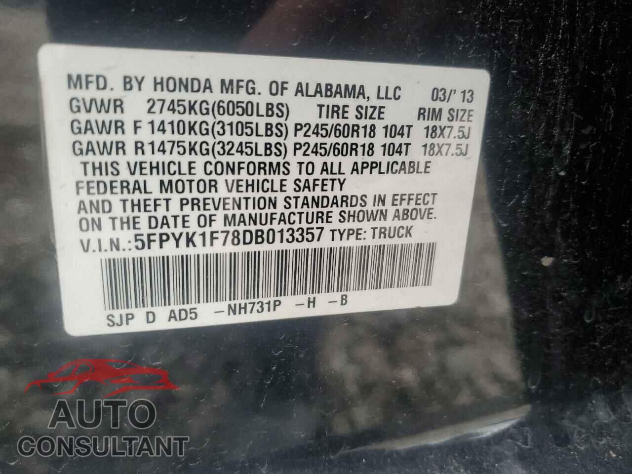HONDA RIDGELINE 2013 - 5FPYK1F78DB013357