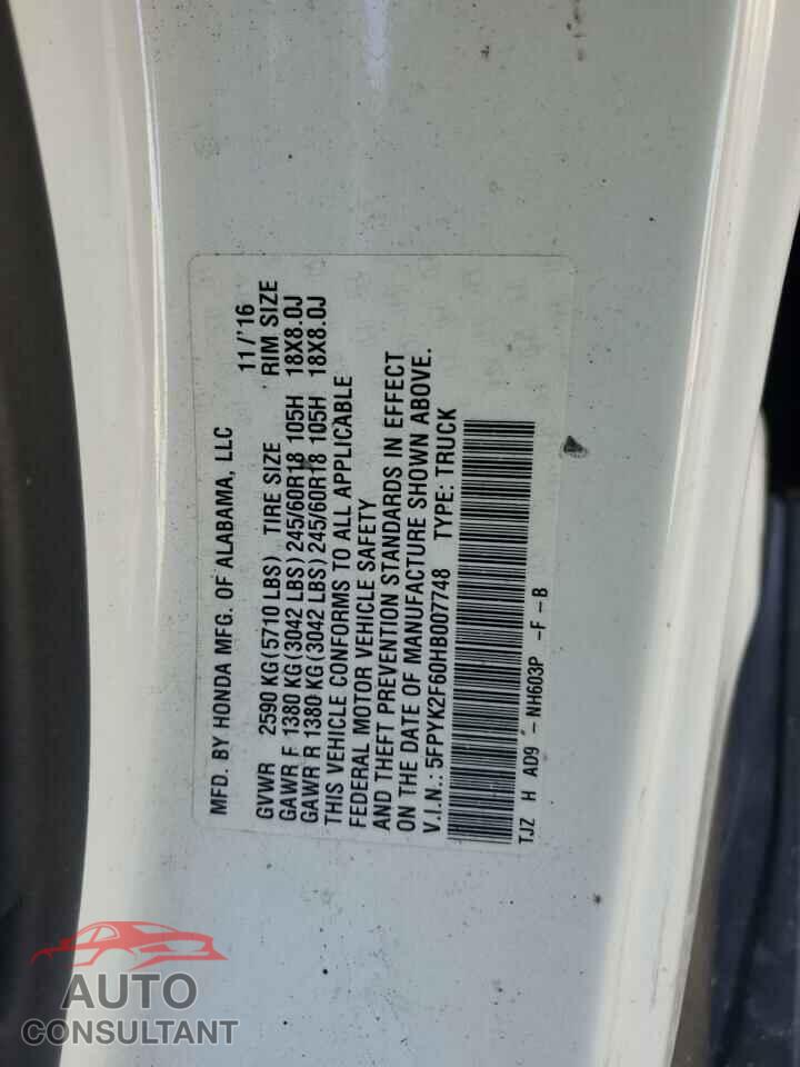HONDA RIDGELINE 2017 - 5FPYK2F60HB007748
