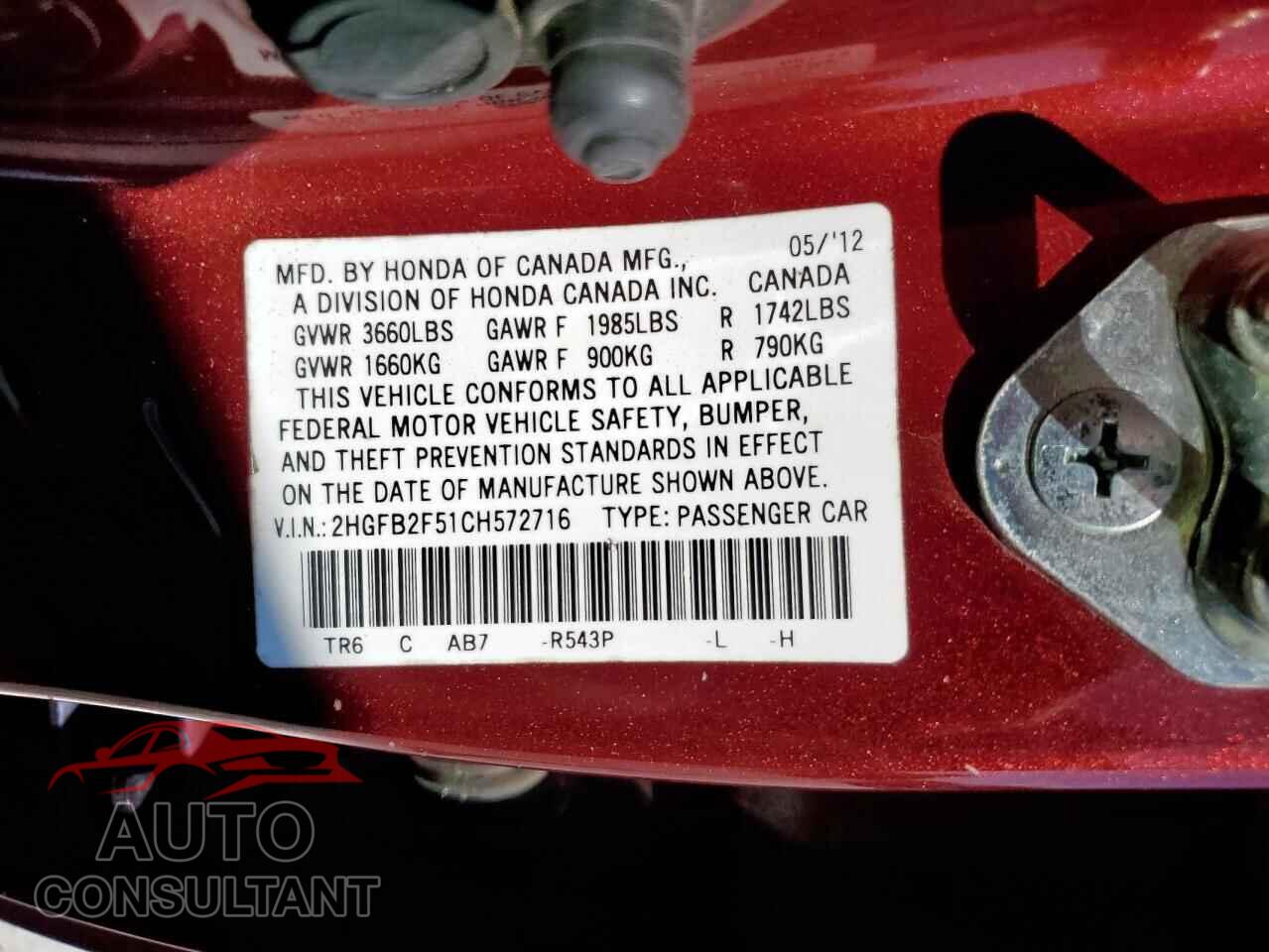 HONDA CIVIC 2012 - 2HGFB2F51CH572716
