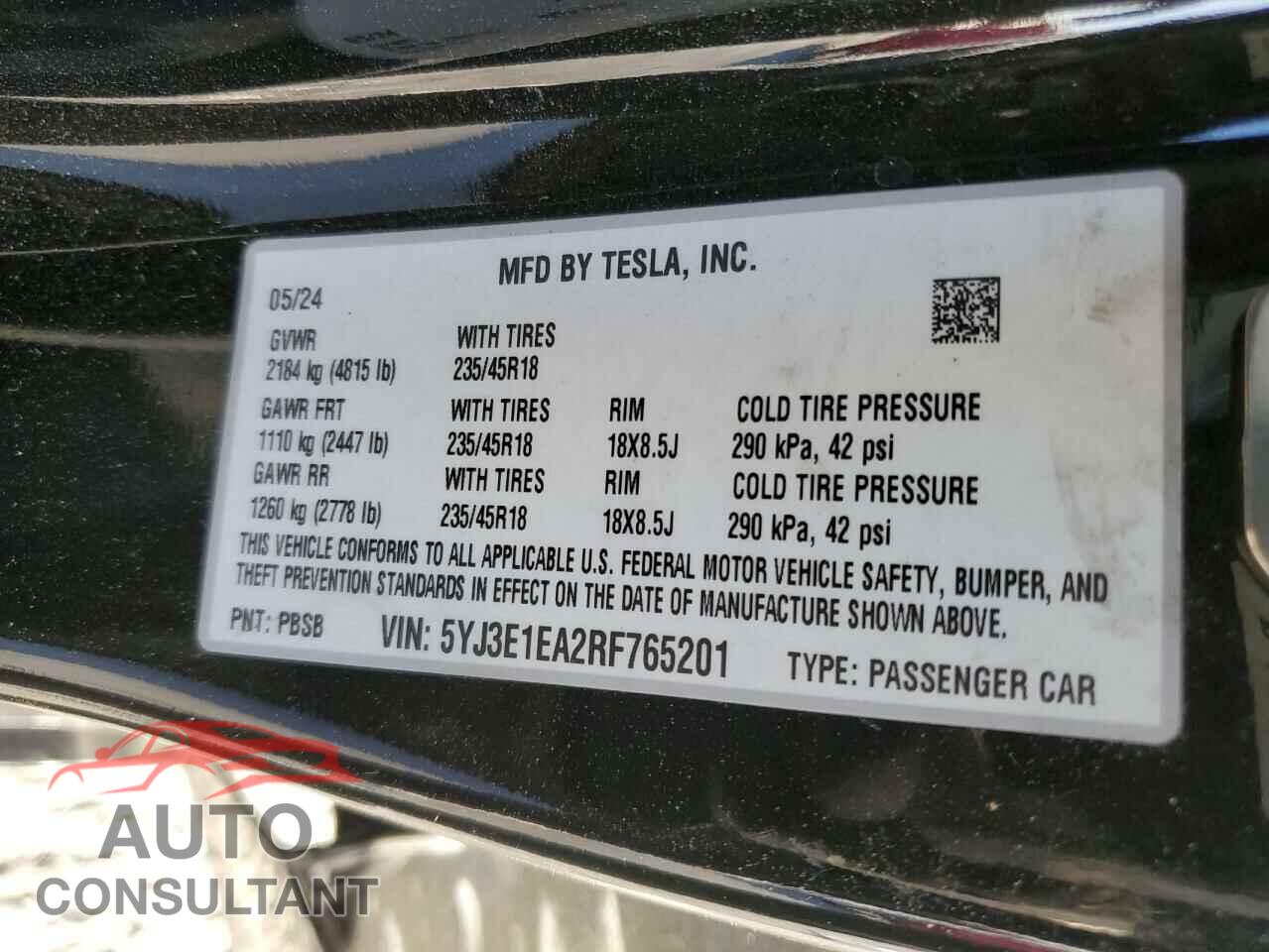 TESLA MODEL 3 2024 - 5YJ3E1EA2RF765201