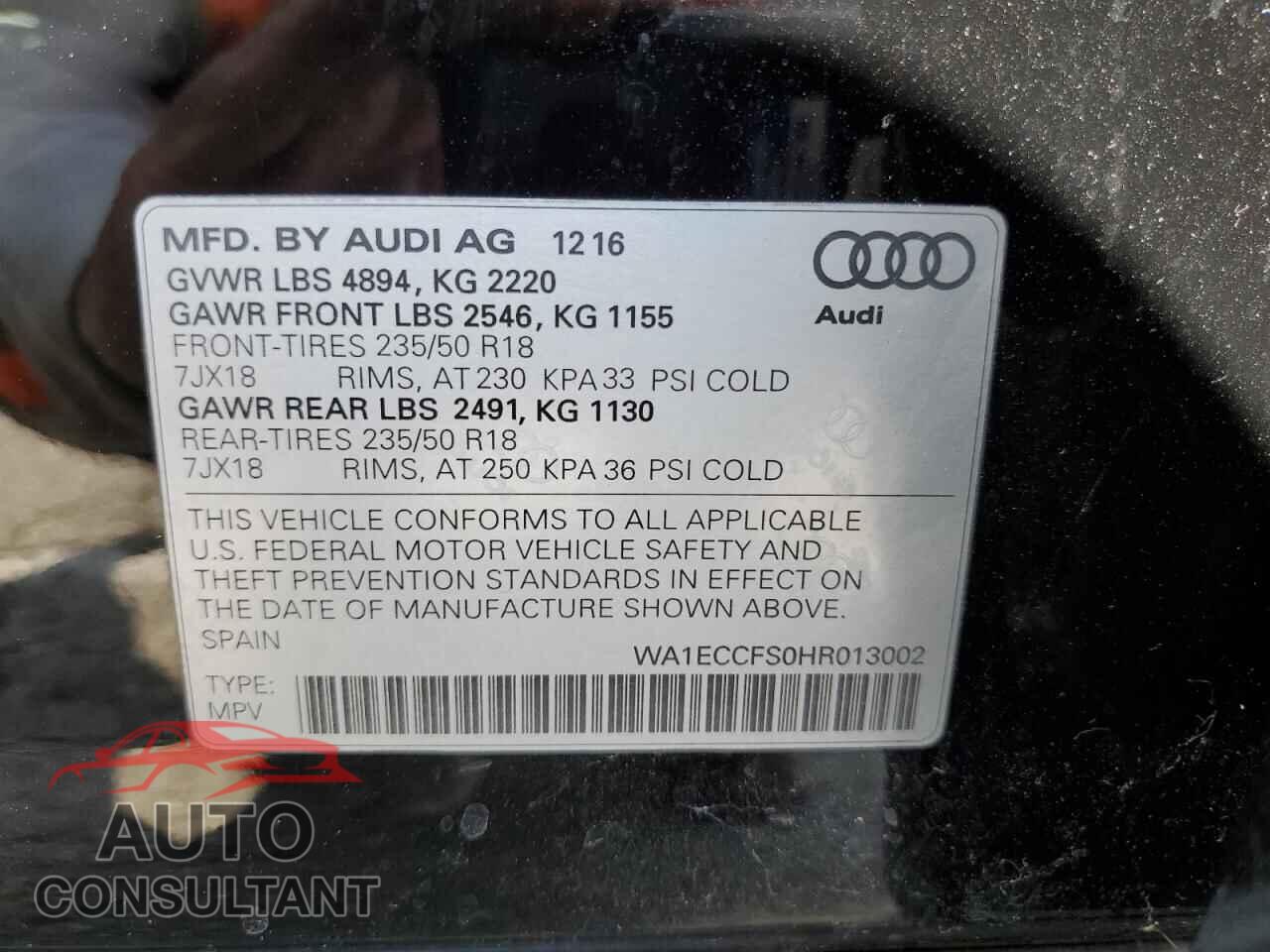 AUDI Q3 2017 - WA1ECCFS0HR013002