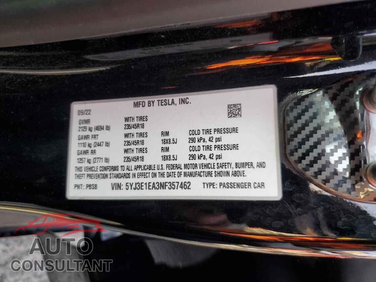 TESLA MODEL 3 2022 - 5YJ3E1EA3NF357462