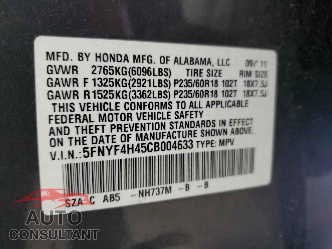 HONDA PILOT 2012 - 5FNYF4H45CB004633