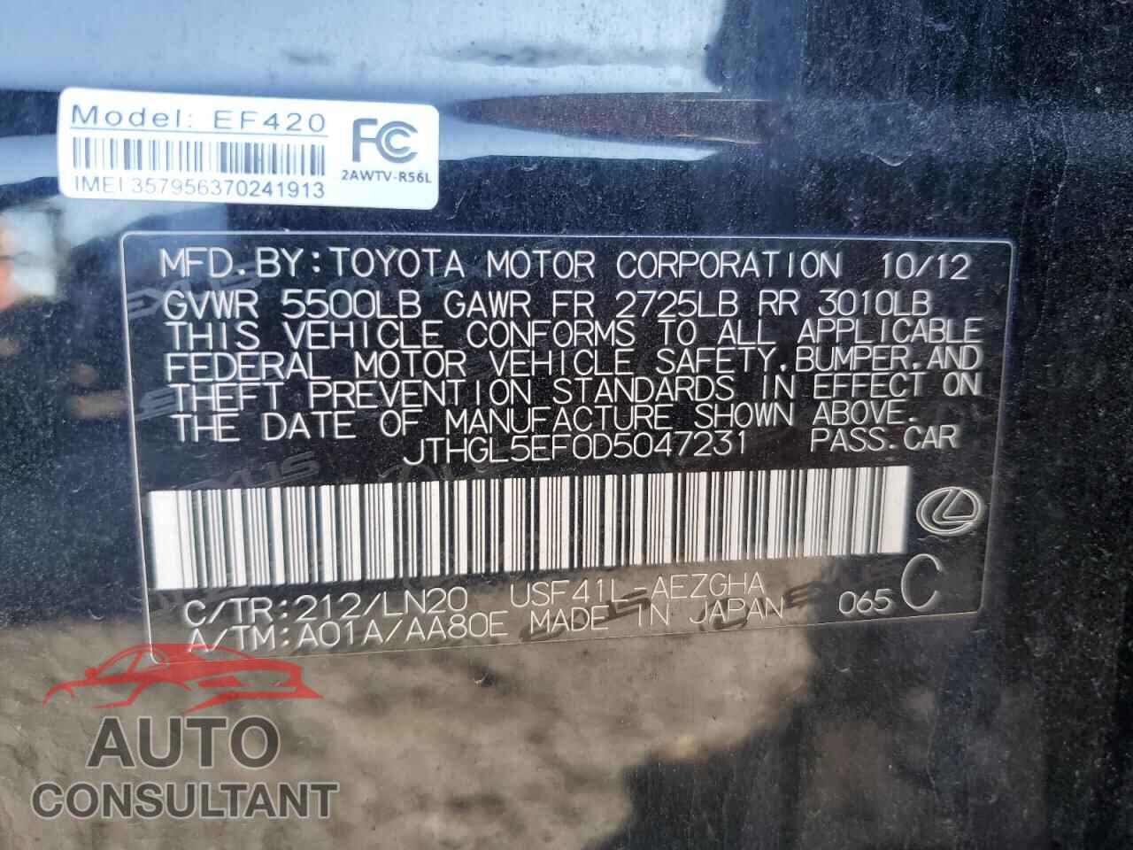 LEXUS LS460 2013 - JTHGL5EF0D5047231