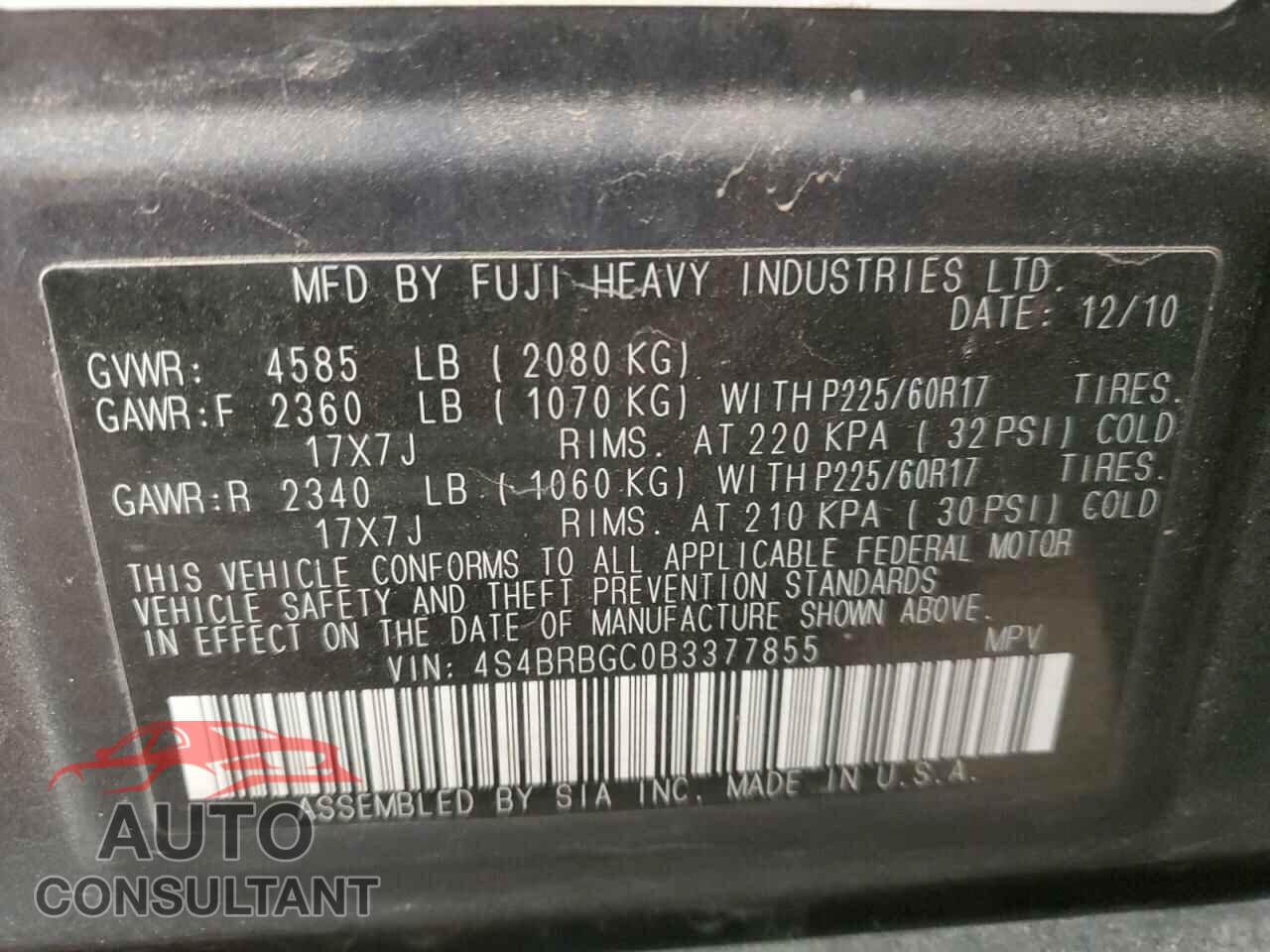 SUBARU OUTBACK 2011 - 4S4BRBGC0B3377855