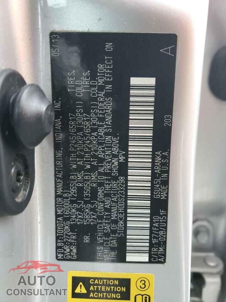 TOYOTA HIGHLANDER 2013 - 5TDBK3EH0DS233298