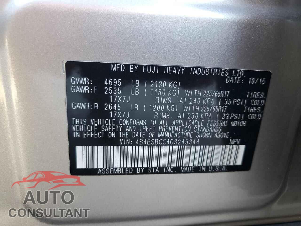 SUBARU OUTBACK 2016 - 4S4BSBCC4G3245344