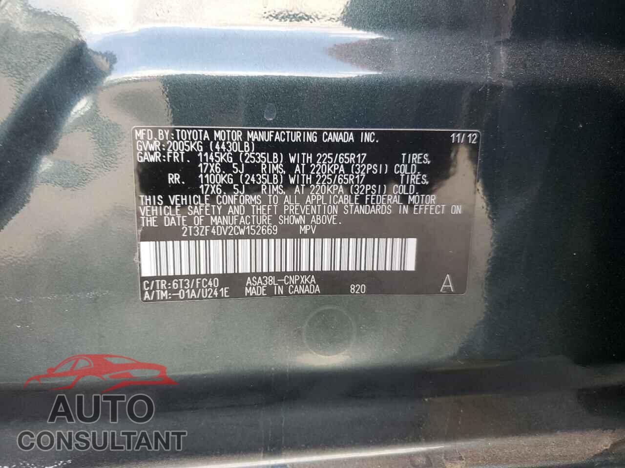 TOYOTA RAV4 2012 - 2T3ZF4DV2CW152669