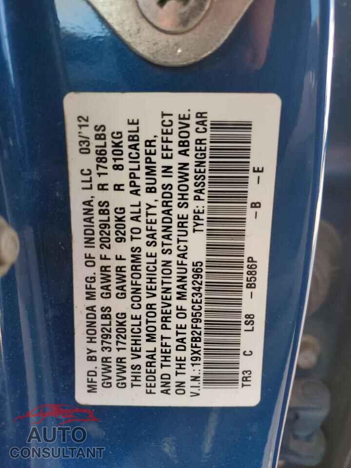 HONDA CIVIC 2012 - 19XFB2F95CE342965