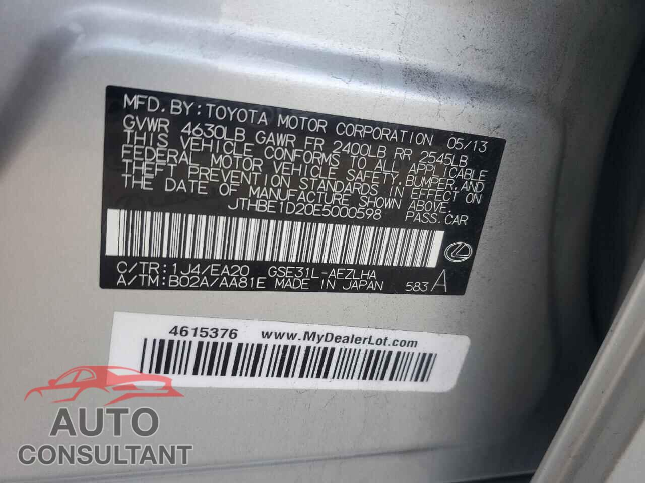 LEXUS IS 2014 - JTHBE1D20E5000598