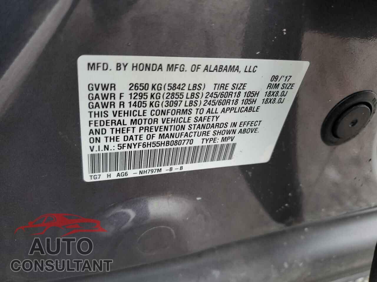 HONDA PILOT 2017 - 5FNYF6H55HB080770