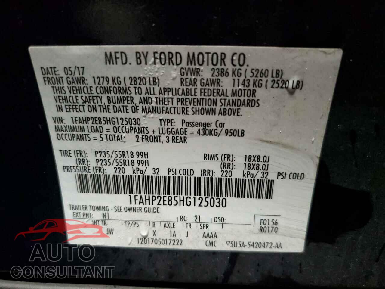 FORD TAURUS 2017 - 1FAHP2E85HG125030